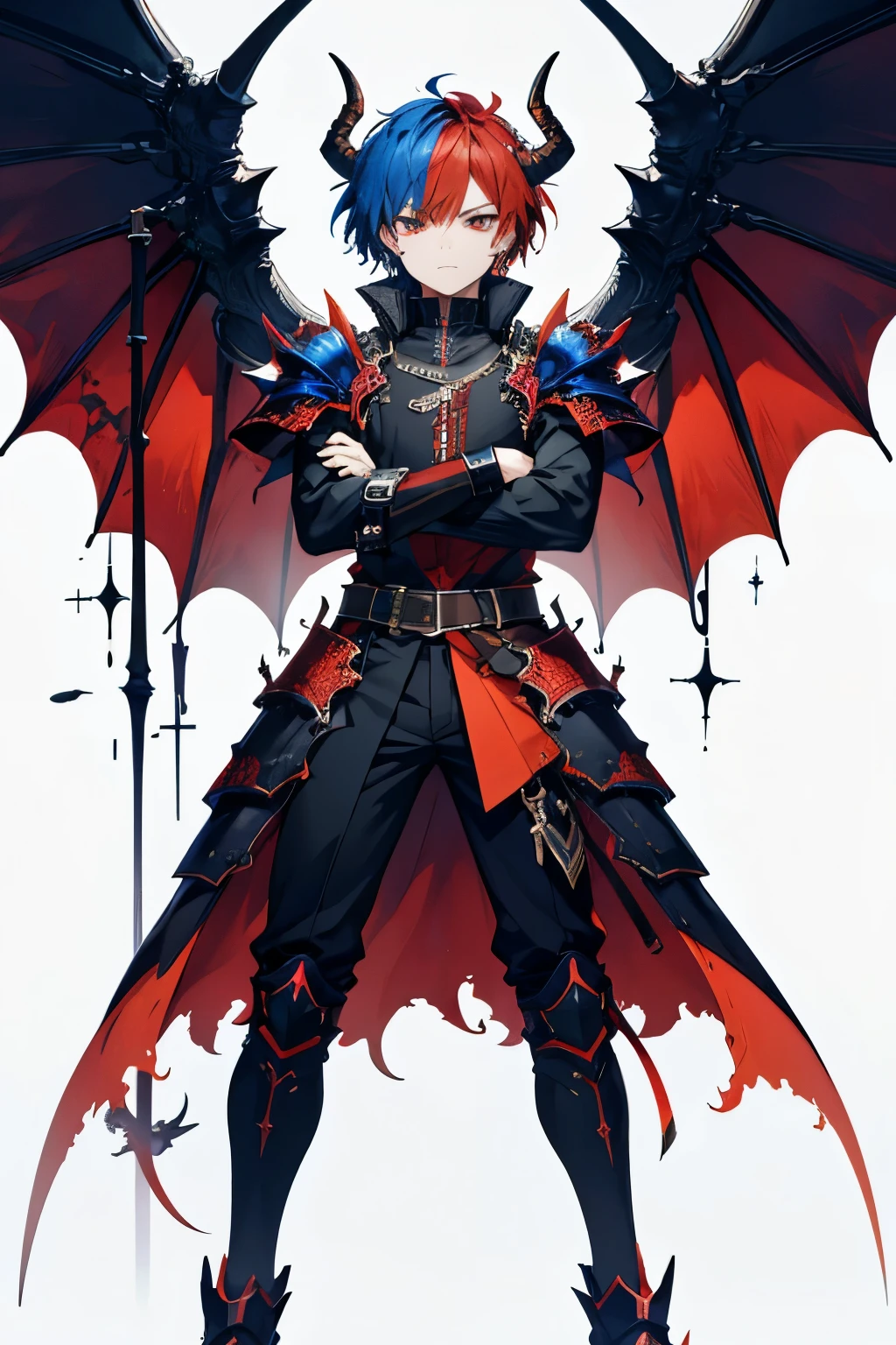 Masterpiece, detailed, Best Quality , alone 1 chico, masculine , red hair and blue hair , multicolor fur , 18 years, YOUNG, high , demonic armor , demonic horns , dragon , crossed arms , short medium hair , serious expression , demonic ears , whole body , standing , Red eye , orange eye , multicolored eye
