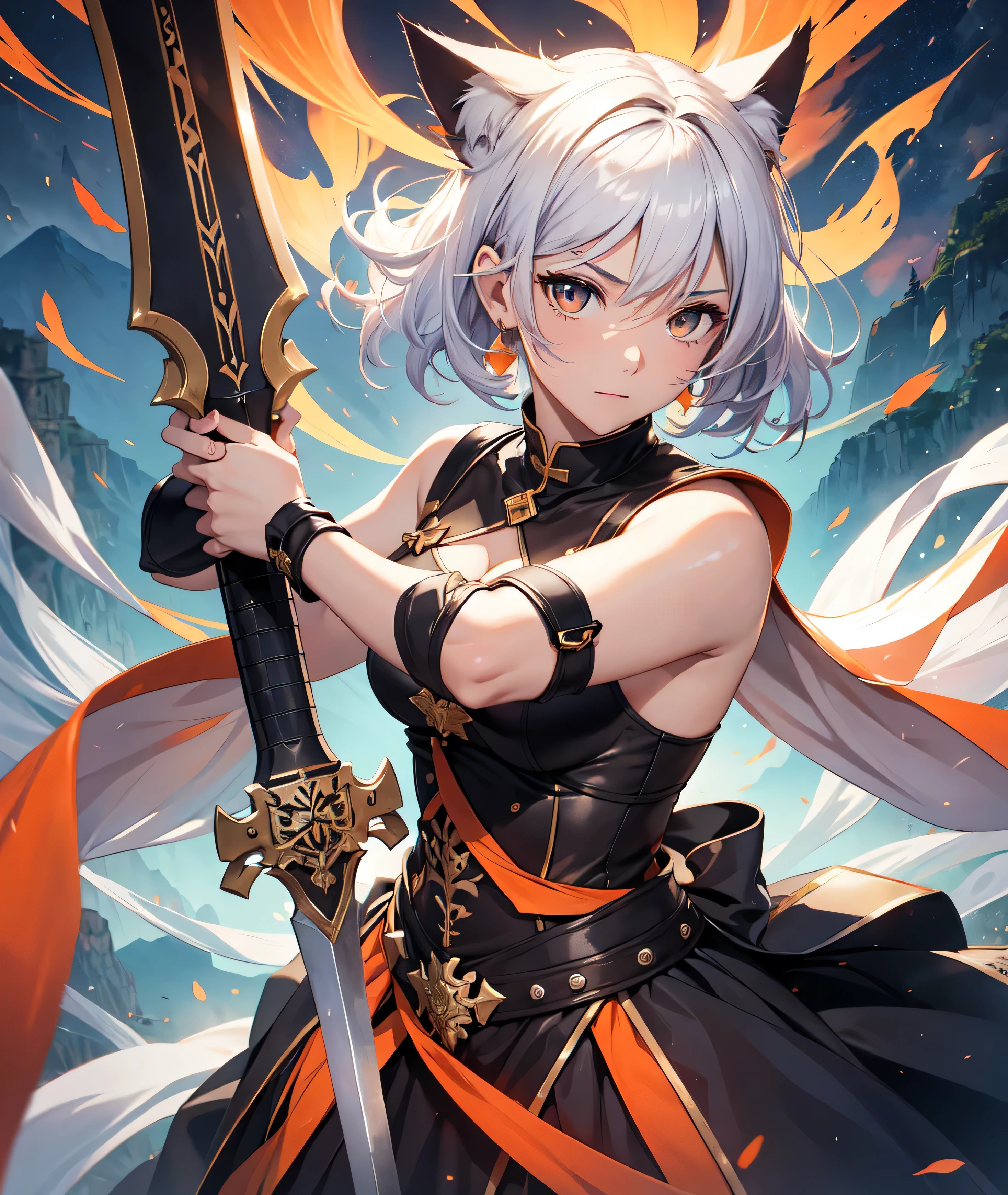 beautiful and delicate girl, clear and beautiful, Make your character the main point of view, glowing skin, female, 20 years old, Short hair, shortcut, Short hair, Beautiful and delicate glass hair, 칼을 휘두르는 female warrior 포즈, 크고 colorful swords, weapon, Attack moves to defeat enemies, full body pose, two handed sword, big knife, colorful swords ((greek costume, 2 Costume colors, white background, Orange 패턴)) ((Clothes color White background, Orange 패턴)) ((Double color, White, Orange)) ((Use only two colors of clothing, White, Orange))beautiful and delicate eyes, Orange 눈, moderate chest, Orange 눈, real skin texture, Very nice 8KCG wallpaper, Very cool 8K CG wallpaper, Watercolor (middle), female warrior, 연한 Orange 머리카락, (((upper body cut))), (((Cat's ears dark 노란색))), (((dark, dark 밤, midnight))) (((nature background, mountain, wood))), ((outdoors)) Dynamic fighting stance with a sword, I can see my whole body, angle seen from a distance, Zoom out, 신foot, foot,