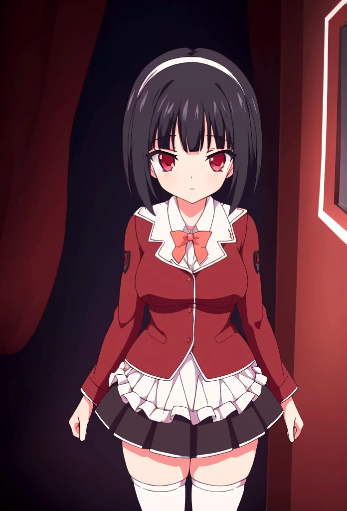 High quality 8k beautiful masterpiece perfect anatomy 1 girl black hair red eyes in black maid uniform short skirt with white stockings and white in red details small breasts in room neon lights 