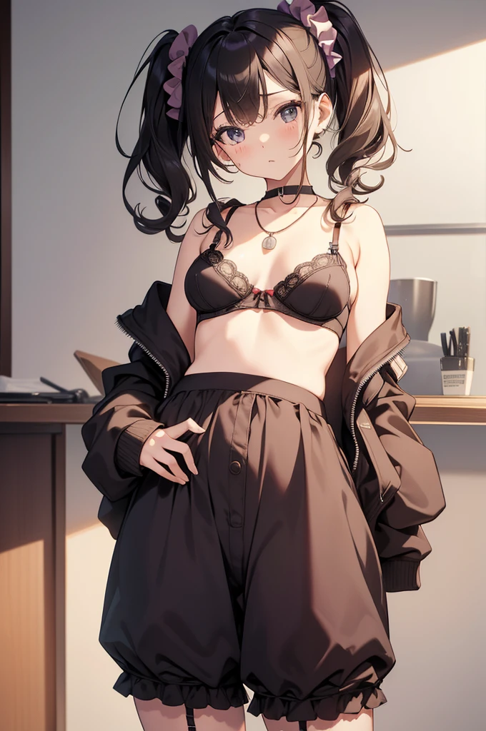 masterpiece, Highest quality, Cute Mature Woman,Small breasts that are just beginning to grow, Scrunchie hair ornament, Twin tails,Large areola,Nipples,hoodie,necklace, skinny , Nipples,(Nipplesが透けて見える)), (good:1.3), (lingerie,Culottes:1.3),Nylon Fabric