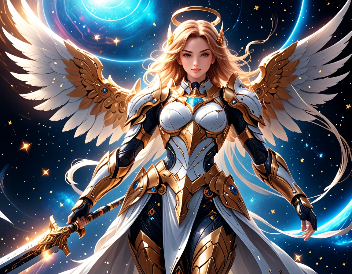 arafed a warrior angel in space battling in outer space, a female angel knight, magnificent beauty, divine beauty, dynamic hair color, dynamic hair color, dynamic eye color, intent gaze, she wears intricate space armor, with intricate mechanic parts, white angelic wings spread, magnificent wings, glorious wings, outer space background,  stars, vibrant, Ultra-high resolution, High Contrast, (masterpiece:1.5), highest quality, Best aesthetics), best details, best quality, highres, (ultra wide angle: 1.2), 16k, ultra detailed, masterpiece, best quality, (extremely detailed),aetherpunkai, GlowingRunesAI_paleblue, Sword and shield