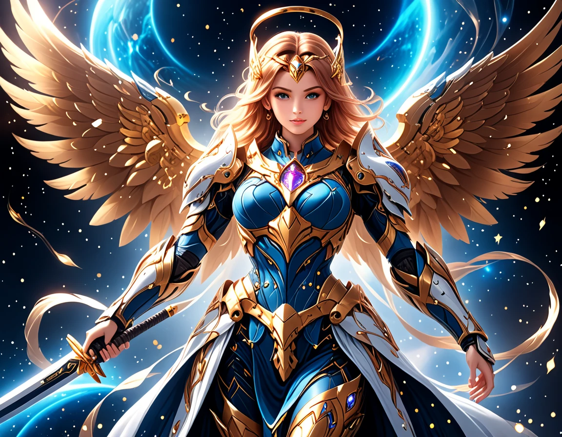 arafed a warrior angel in space battling in outer space, a female angel knight, magnificent beauty, divine beauty, dynamic hair color, dynamic hair color, dynamic eye color, intent gaze, she wears intricate space armor, with intricate mechanic parts, white angelic wings spread, magnificent wings, glorious wings, outer space background,  stars, vibrant, Ultra-high resolution, High Contrast, (masterpiece:1.5), highest quality, Best aesthetics), best details, best quality, highres, (ultra wide angle: 1.2), 16k, ultra detailed, masterpiece, best quality, (extremely detailed),aetherpunkai, GlowingRunesAI_paleblue, Sword and shield