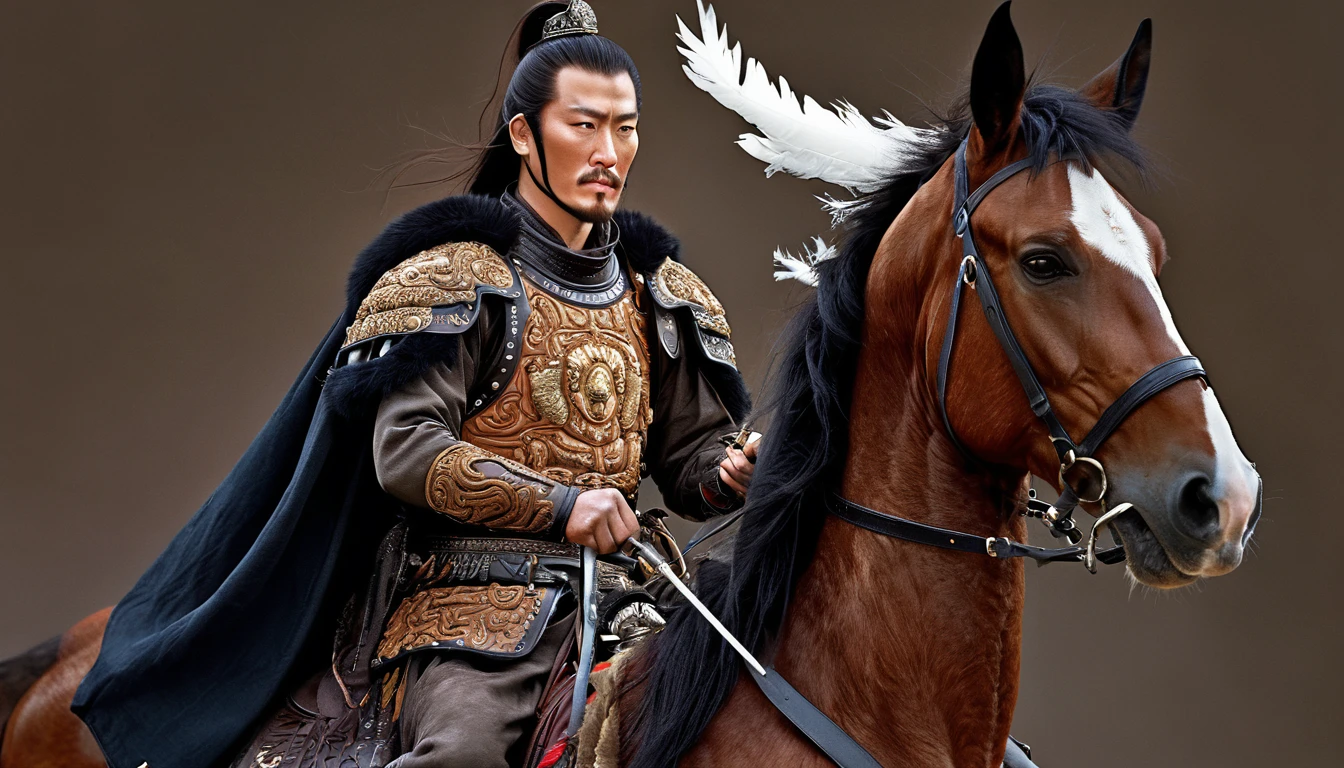 General Kraus, Wearing leather armor、Brown leather protective gear，Holding a Mongolian scimitar, Highly detailed characters, Mongolian man with high cheekbones，Clear and refined face，Mongolian Cavalry，The generals of the Ming Dynasty had white tassels or feathers on their helmets，Norse epic hero, Muscular man with war god tattoo, Riding on horseback, Portrait photography style，Light, (Extremely detailed CG 8k wallpaper), The most beautiful works of art in the world - full body photos, original皮甲, Mongolian small shield，Human Portrait, hunter, Animal hides，brutal，original, macho man, Ed Blinkey (Ed Blinkey) Magnificent professional oil paintings created, Artie Guerlain, Studio Ghibli, Courtesy of Jeremy Mann, Greg Manches, Antonio Moro, Art Station Trends, Social Trends, Wheels within wheels, High Detail, sharp focus, Dramatic and realistic art by Midjourney and Greg Rutkowski, Horse has armor，Charge and Slash