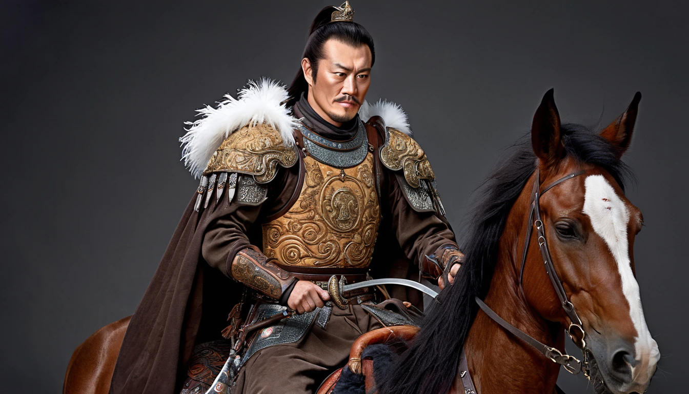 General Kraus, Wearing leather armor、Brown leather protective gear，Holding a Mongolian scimitar, Highly detailed characters, Mongolian man with high cheekbones，Clear and refined face，Mongolian Cavalry，The generals of the Ming Dynasty had white tassels or feathers on their helmets，Norse epic hero, Muscular man with war god tattoo, Riding on horseback, Portrait photography style，Light, (Extremely detailed CG 8k wallpaper), The most beautiful works of art in the world - full body photos, original皮甲, Mongolian small shield，Human Portrait, hunter, Animal hides，brutal，original, macho man, Ed Blinkey (Ed Blinkey) Magnificent professional oil paintings created, Artie Guerlain, Studio Ghibli, Courtesy of Jeremy Mann, Greg Manches, Antonio Moro, Art Station Trends, Social Trends, Wheels within wheels, High Detail, sharp focus, Dramatic and realistic art by Midjourney and Greg Rutkowski, Horse has armor，Charge and Slash