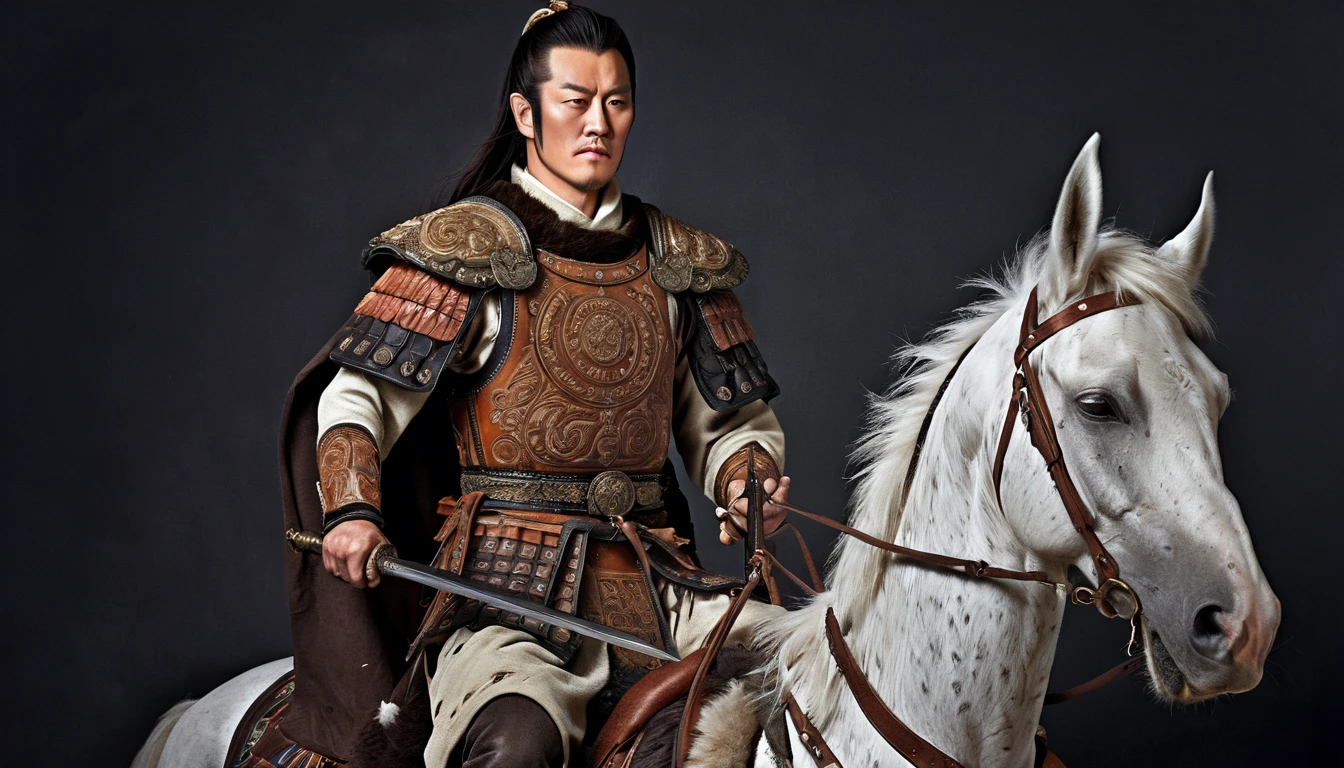 General Kraus, Wearing leather armor、Brown leather protective gear，Holding a Mongolian scimitar, Highly detailed characters, Mongolian man with high cheekbones，Clear and refined face，Mongolian Cavalry，The generals of the Ming Dynasty had white tassels or feathers on their helmets，Norse epic hero, Muscular man with war god tattoo, Riding on horseback, Portrait photography style，Light, (Extremely detailed CG 8k wallpaper), The most beautiful works of art in the world - full body photos, original皮甲, Mongolian small shield，Human Portrait, hunter, Animal hides，brutal，original, macho man, Ed Blinkey (Ed Blinkey) Magnificent professional oil paintings created, Artie Guerlain, Studio Ghibli, Courtesy of Jeremy Mann, Greg Manches, Antonio Moro, Art Station Trends, Social Trends, Wheels within wheels, High Detail, sharp focus, Dramatic and realistic art by Midjourney and Greg Rutkowski, Horse has armor，Charge and Slash