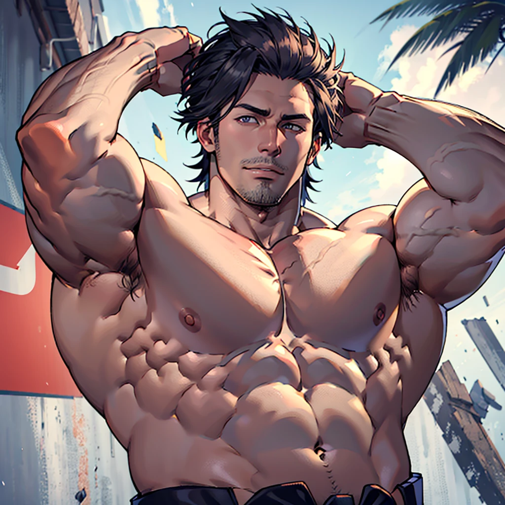 1 man, 35 years old, look at me, good face, muscles, show body muscles, cold face, big chest, show armpit, a littel fat, shirtless, without clothes