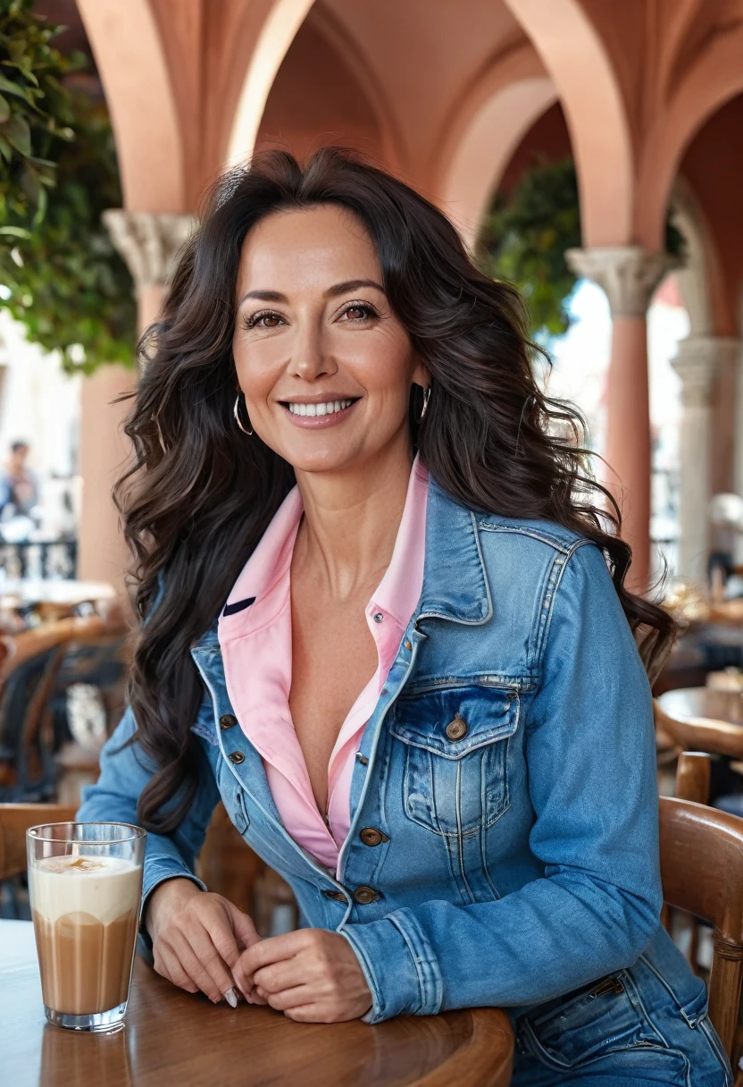 Create a realistic full-length photograph of a European woman of Russian origin, brunette, 45 years old, with long wavy black hair moving in the air, ((body with hourglass curves)), semicircular and sagging breasts, beautiful angelic face , made up, dressed in sky blue jeans and wearing pink Nike sneakers, a gray Oxford Nike jacket and is in a restaurant drinking coffee in Venice, she poses for the photographer and smiles affectionately, the tourists smile at her side and They greet with joy, in the background you can see the elegant tables of the luxury restaurant on a sunny day, better photography, More Reasonable Details