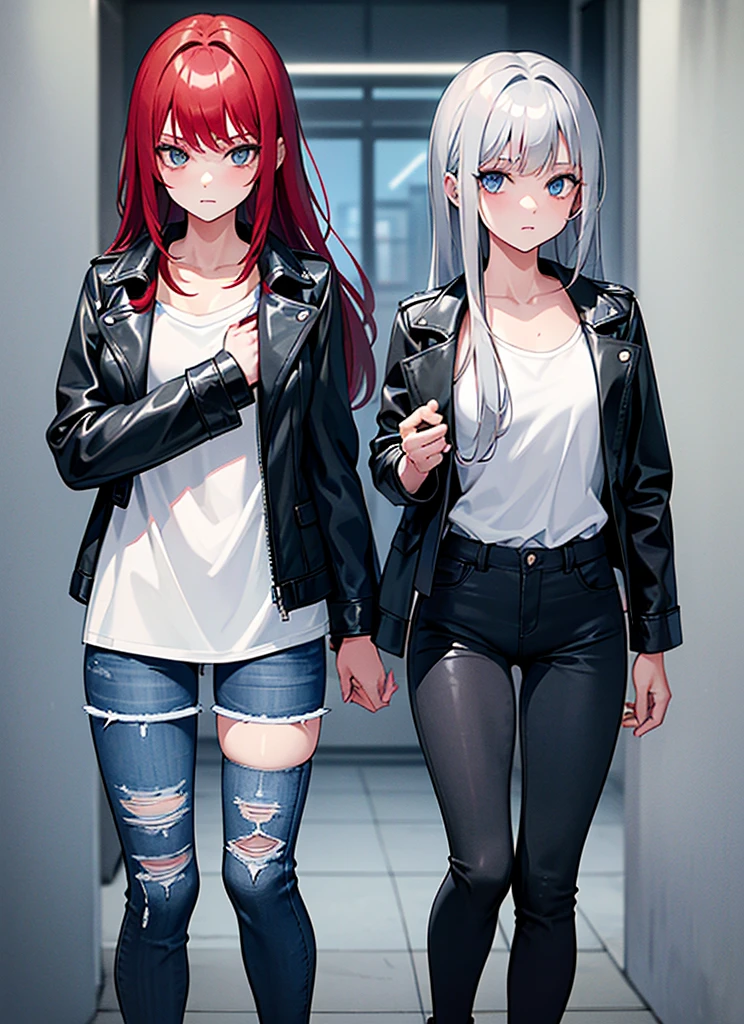 two girls, a sexy red-haired girl with blue eyes wearing a black leather jacket and a short white shirt with short blue denim shorts, with your daughter de 7 años, with your daughter, pequeña, Little girl, Grey hair, long hair, blue eyes white short shirt, strong blue jeans
