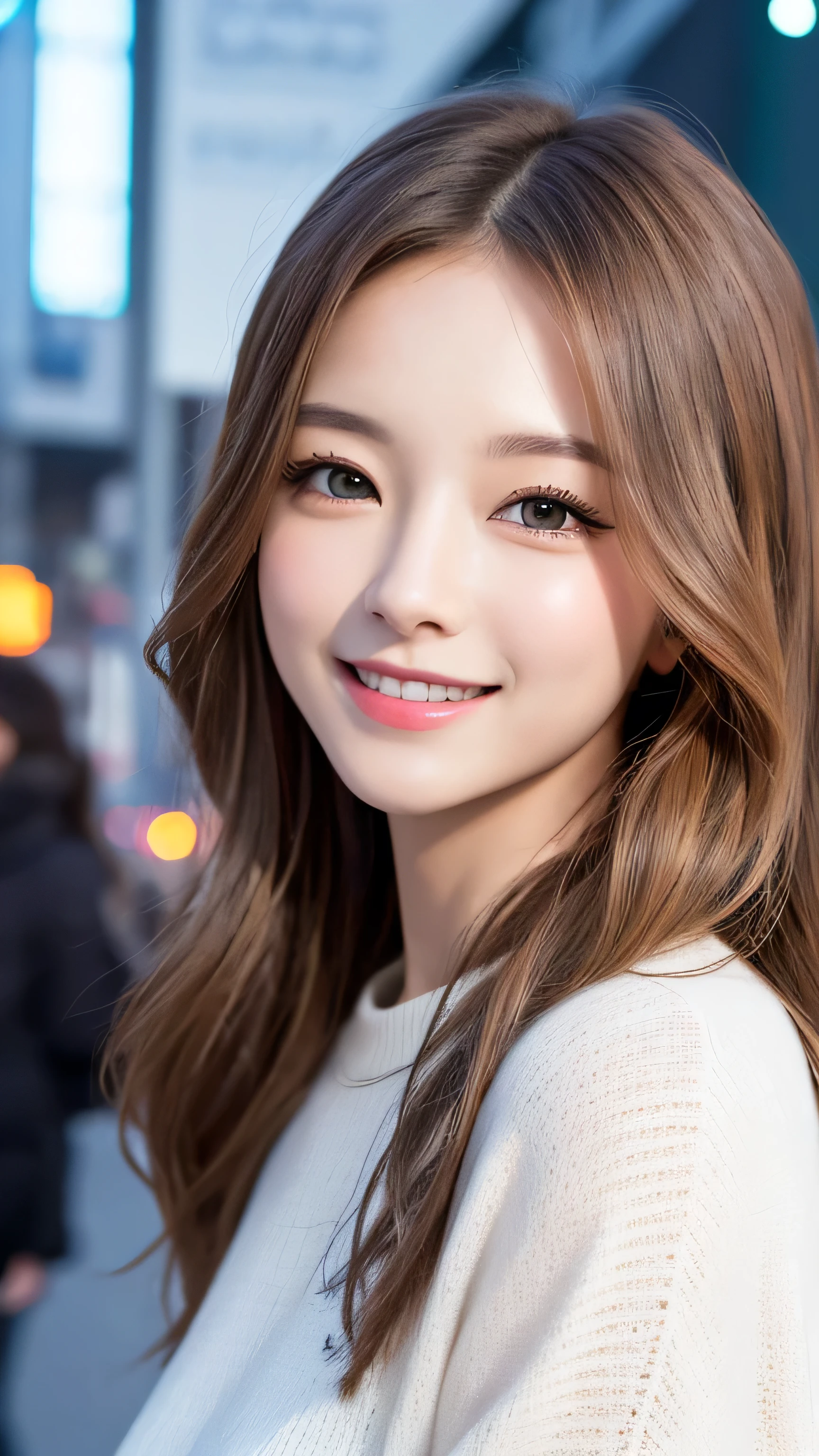 masutepiece、Best Quality、Illustration、 ultra-detailliert、hight resolution、8k Wallpapers、Perfect dynamic composition,、Beautiful detailed eyes、Women's Fashion winter、Medium hair、Natural Color Lip、Smile、Harajuku、20 years girl、Cute、looking at camera