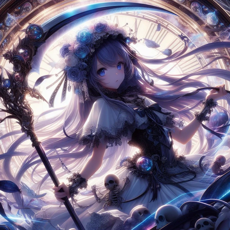 masterpiece、High resolution、A vortex of light like a science fiction movie、Japanese Gothic ta Girl with Grim Reaper'Sickle、Delicate and precise writing、And soul、Awareness-raising