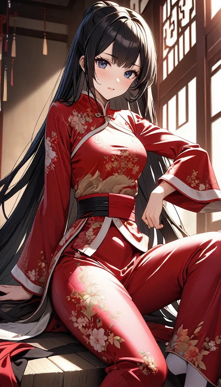 A tragic historical drama in 8k live-action style: Beautiful palace secrets　Beautiful Chinese Kung Fu Princess with long black hair having sex　Gorgeous embroidery, Ultra glossy, She is wearing a shiny red top and bottom long sleeve floral pajama kung fu suit....　　She&#39;s crying