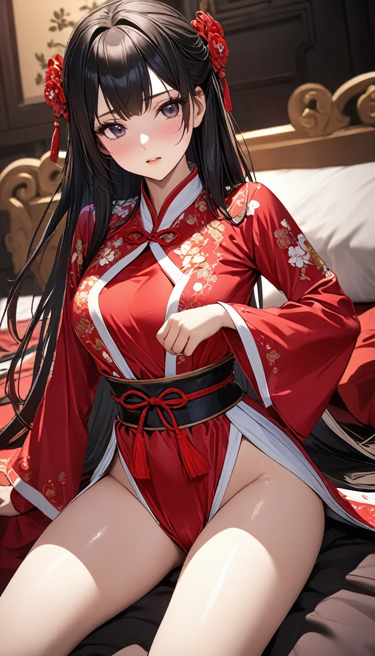 A tragic historical drama in 8k live-action style: Beautiful palace secrets　Beautiful Chinese Kung Fu Princess with long black hair having sex　Gorgeous embroidery, Ultra glossy, She is wearing a shiny red top and bottom long sleeve floral pajama kung fu suit....　　She&#39;s crying