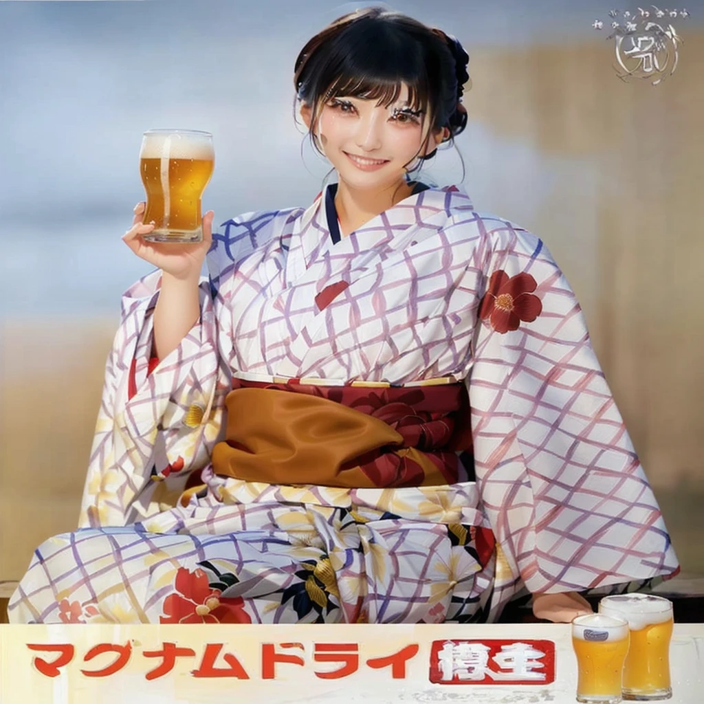there is a woman beer in hand glass in her hand, classy yukata, Beer Advertising, yukata, In kimono, wearing a haori, Japan in the 1990s, Japanese Kimono, liquor, beer in hand!!, Japanese women, Japanese Model, Japanese style, Have a beer, Yasumoto Oka, In kimono, eiko ishioka