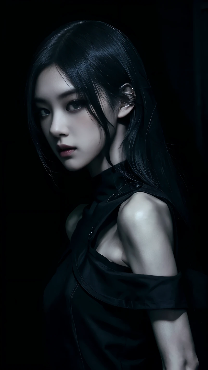 (best quality, highres:1.2), realistic, black dress, black hair, dark theme, black background, dark ninja, intense gaze, elegant posture, flowing dress, detailed facial features, long eyelashes, contrast, fine details, dramatic atmosphere, gothic style, intense emotions, monochrome color palette, captivating setting, haunting beauty, artistic photography, everything is black
