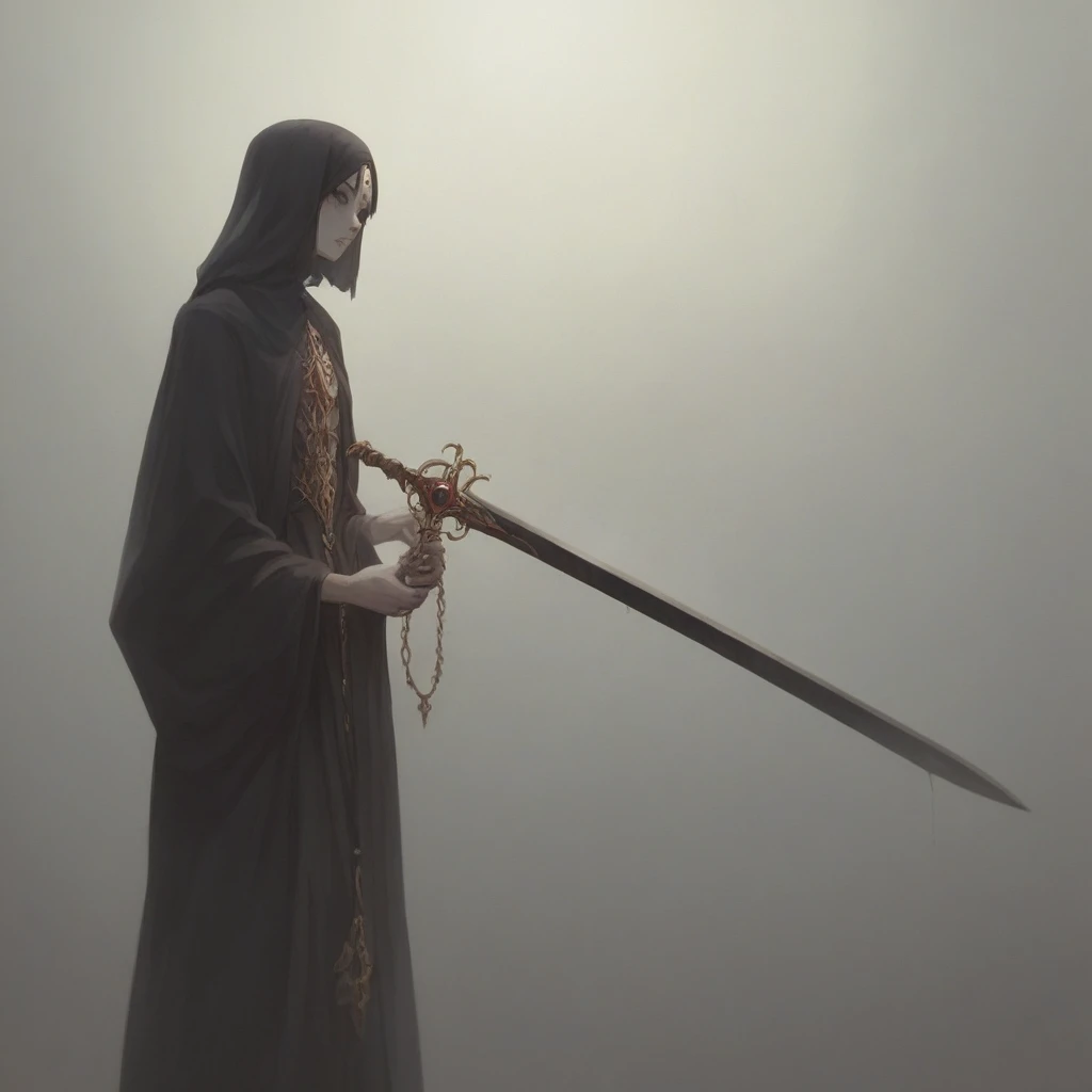 Woman holding a giant sword,Black Robe, Decayed ornaments,Gives a sense of fear to those who see it, Once known as the Sword Saint,In charge of divine punishment, Strong feeling, I am aware of this, pale colour, Highest quality, Horror, Corpses all around,Dark Light