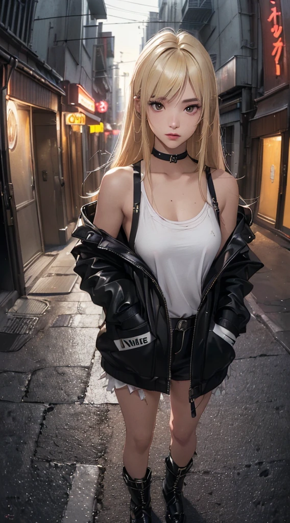 (((8k wallpaper of extremely detailed CG unit:1.2, masterpiece, hight resolution:1.2, top-quality:1.2, masutepiece))), ((a very beautiful woman, Hands in pockets:1.8, Street fashion:1.2, wearing a colorful jacket:1.2, Wearing boots)), ((extra detailed face, Highly detailed black eyes, extra detailed body, Top quality real texture skins)), (blonde straight hair:1.2, de pele branca, Small, exposed shoulder), ((Empty alley, Mileland. natta, Neon Street)), (high-angle, a closeup, Fisheye), hyper realisitic, digitial painting,