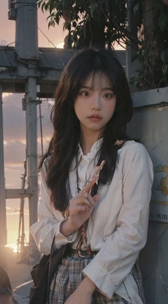 (Front focus), (In the sunset:1.6), Surrealist Portraits of Women by David Hockney and Alphonse Mucha, Fantasy Art, Photo-realistic, Dynamic Lighting, Art Station, poster, Volumetric Lighting, Very detailed face, 4K, The award-winning, 1 Girl, In the sunset, Low profile, Cowboy shooting, (Official uniform:1.4), Long hair, Brown hair