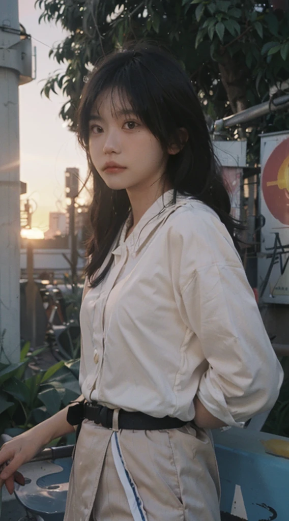 (Front focus), (In the sunset:1.6), Surrealist Portraits of Women by David Hockney and Alphonse Mucha, Fantasy Art, Photo-realistic, Dynamic Lighting, Art Station, poster, Volumetric Lighting, Very detailed face, 4K, The award-winning, 1 Girl, In the sunset,  Low profile, Cowboy shooting, (Official uniform:1.4), Long hair, Brown hair