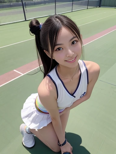 Japanese female, a lot of details, (underweight), 30 years old, detailed black hair, beautiful detailed hair, super fucking beautiful, delicate beautiful face, complex details beautiful and delicate eyes, perfect hands, (flat chest best quality:1.5), perfect and delicate limbs, detailed skin, best quality, ultra-detailed,(cheerful grin:1.5),
standing, (legs spread:1.2), bending over, hair bun, (rainbow gradient tennis wear), (with a tennis racket), japanese, Tennis court, (full body shot:1.3), from front, dynamic angle