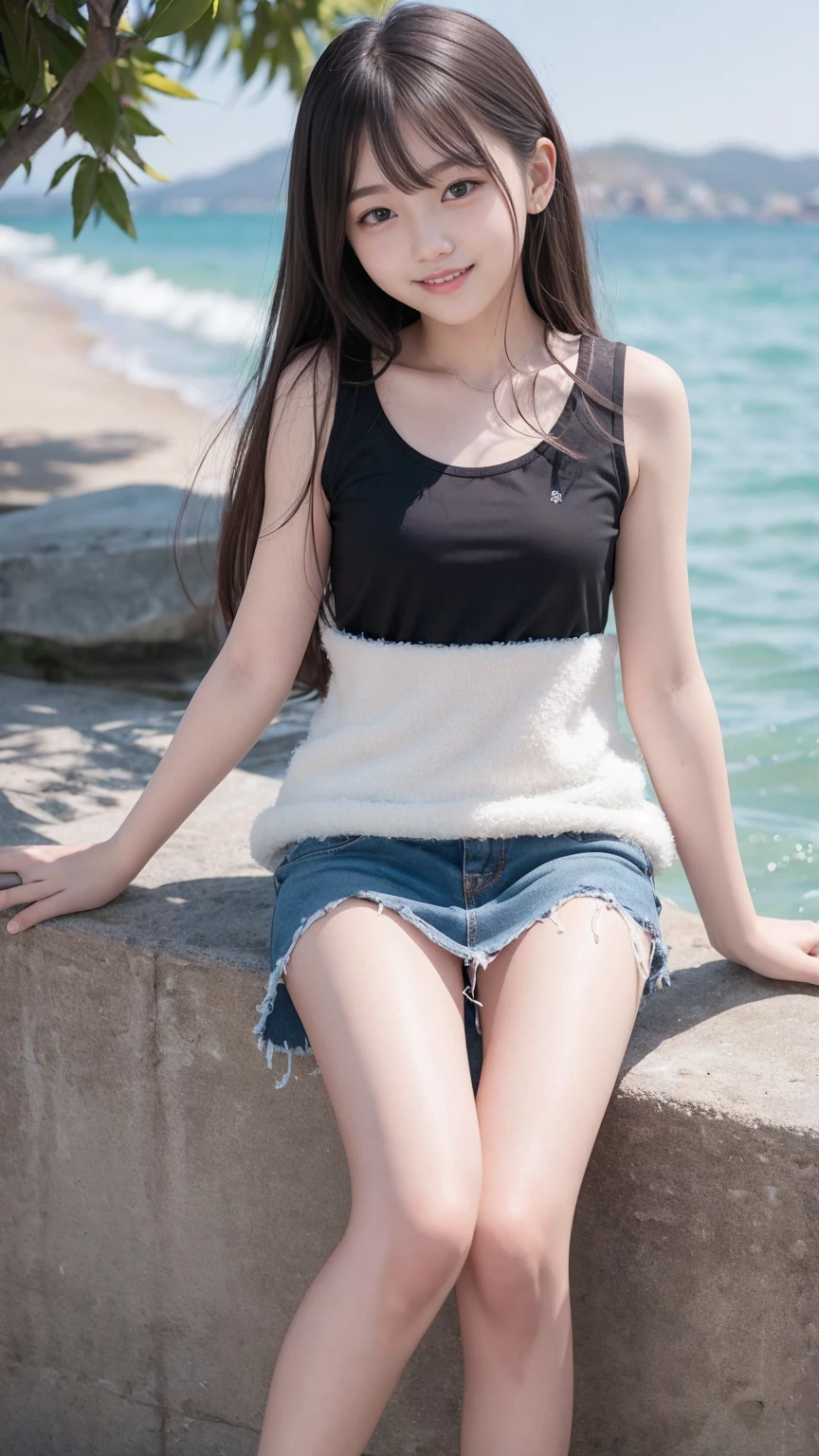 Highest quality, 8K, 11 years old、Fluffy long hair、Tank top、mini skirt、A slight swelling of the chest、Beautiful Skin、Beautiful legs、smile、sea,