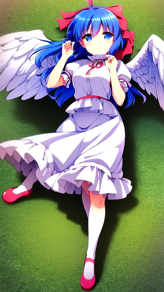 masterpiece, best quality, 1girl, , , , medium blue hair, hair flaps, pink ribbon on head, well-formed face, blue eyes, angel girl, white blouse, puffy short sleeves, red ribbon, angel wings, long white skirt, red shoes, frills, ribbon head