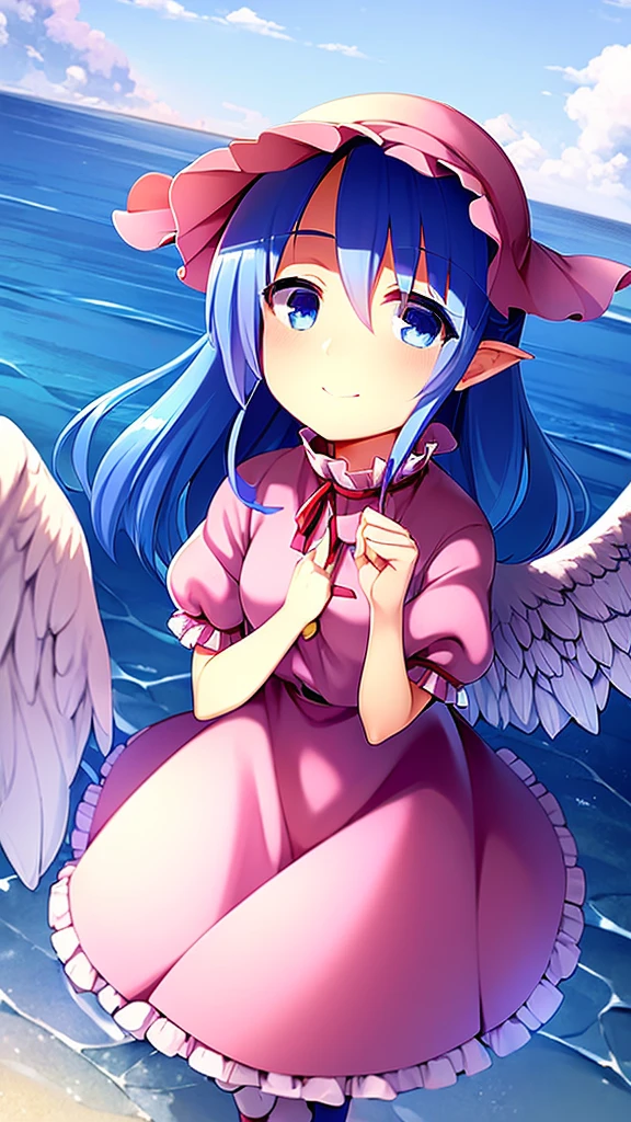 masterpiece, best quality, 1girl, , , 10 years old, medium blue hair, hair flaps, pink ribbon on head, well-formed face, blue eyes, angel girl, white blouse, puffy short sleeves, red ribbon, angel wings, long white skirt, red shoes, frills, ribbon head