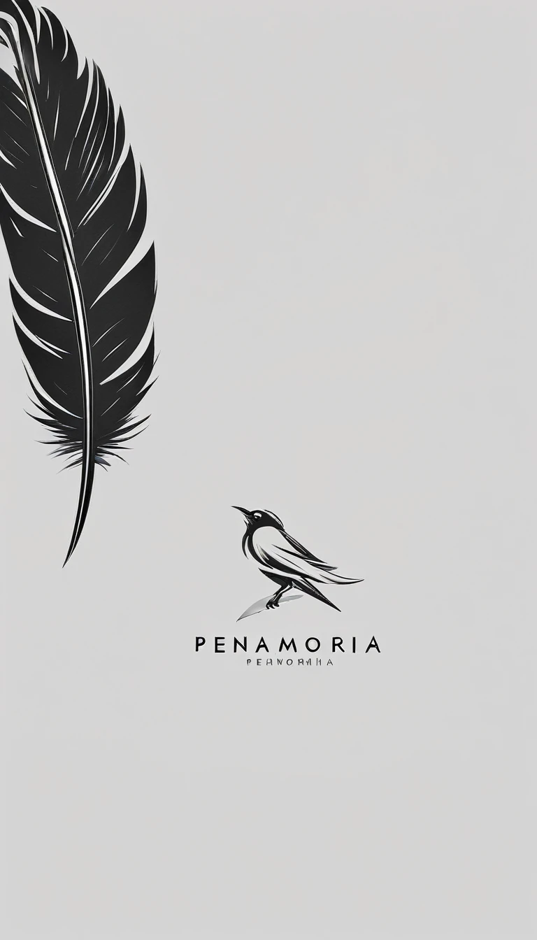 A minimal, modern, simple, cinematic logo design for the brand “Penamemoria". Create a modern, minimalistic, high-quality, logo of a feather bird