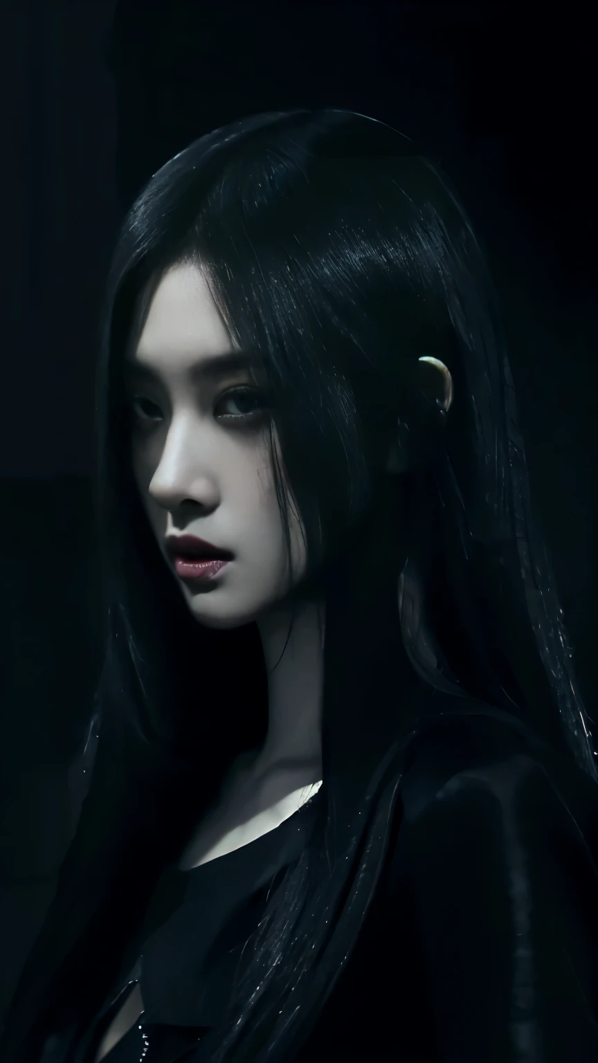 (best quality, highres:1.2), realistic, black dress, black hair, dark theme, black background, dark ninja, intense gaze, elegant posture, flowing dress, detailed facial features, long eyelashes, contrast, fine details, dramatic atmosphere, gothic style, intense emotions, monochrome color palette, captivating setting, haunting beauty, artistic photography, everything is black