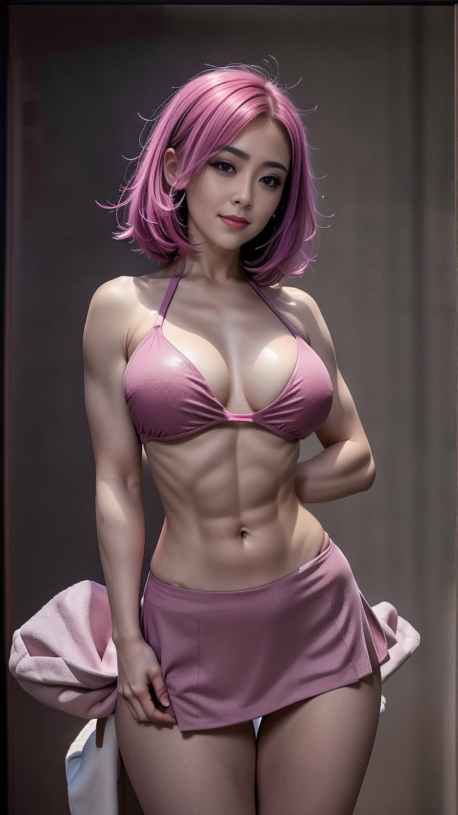 SeaArt Bot Txt2Img Default 01:34:10 SeaArt Bot Txt2Img Default 01:47:12 Expires in 29 Day(s),Bright Light,the highest picture quality,Best resolution 1 adult woman,mature and beautiful,muscle bodybuilder , (masterpiece, best quality:1.37), ultra-detailed:1.37, hyper-sharp:1.37, anime style, An illustration of a female bodybuilder, The female bodybuilder is 2m tall and has a muscular build. A female bodybuilder wears a 2 piece bikini,tiny bra,Nipple Covers,just, exposing her muscles,big breasts,high slit,off shoulder,fat hip. A female bodybuilder is standing on the stage, seductive smile, closed mouth, pink side-under cut hair, bodybuilder fashion, looking the viewer, view viewer,sexy pose,evening dressed,evening skirt dressed,Women's Sexy Bikini,Perfect body proportions,Perfect muscle lines,White gloves