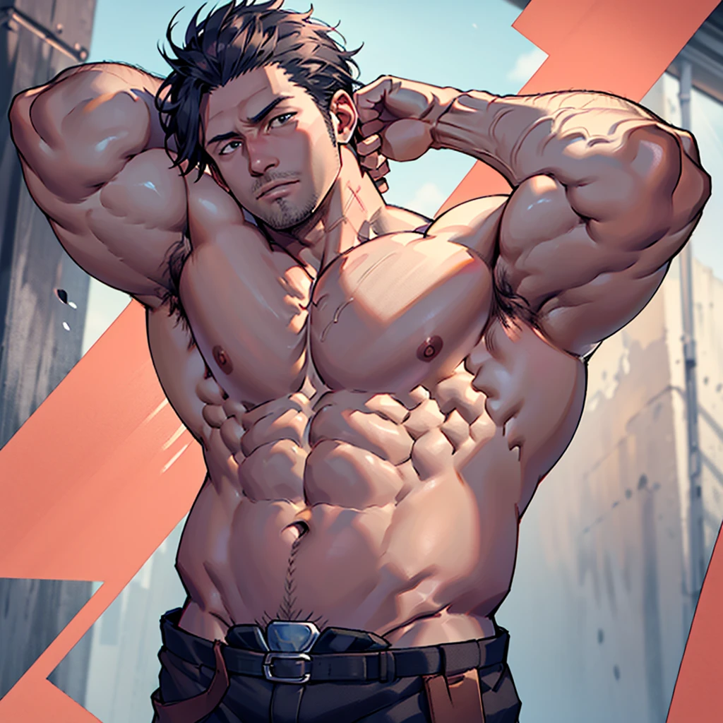 1 man, 35 years old, look at me, good face, muscles, show body muscles, cold face, big chest, show one armpit, a littel fat, shirtless, without clothes, big body, fat muscles