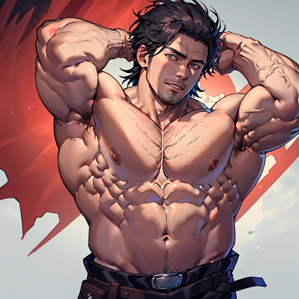 1 man, 35 years old, look at me, good face, muscles, show body muscles, cold face, big chest, show one armpit, a littel fat, shirtless, without clothes, big body, fat muscles