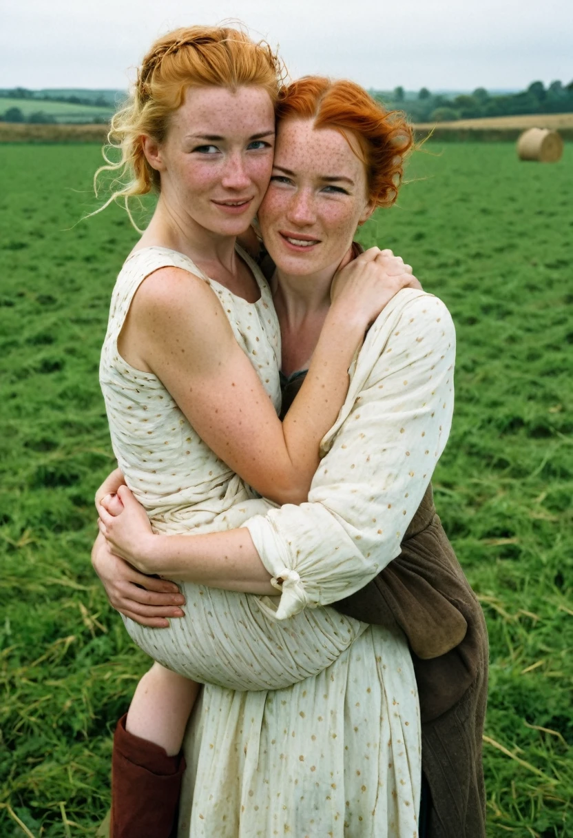 England, 1349. A young ((((30-year-old)) Gwenda)), strong, rustic, freckles all over her face, in a farm field, ((((hugging her 11-year-old son tight)))), ((scared and relieved expression)). ((((clothings from the 1340s)))), ((blond hairstyle of the 1340s))