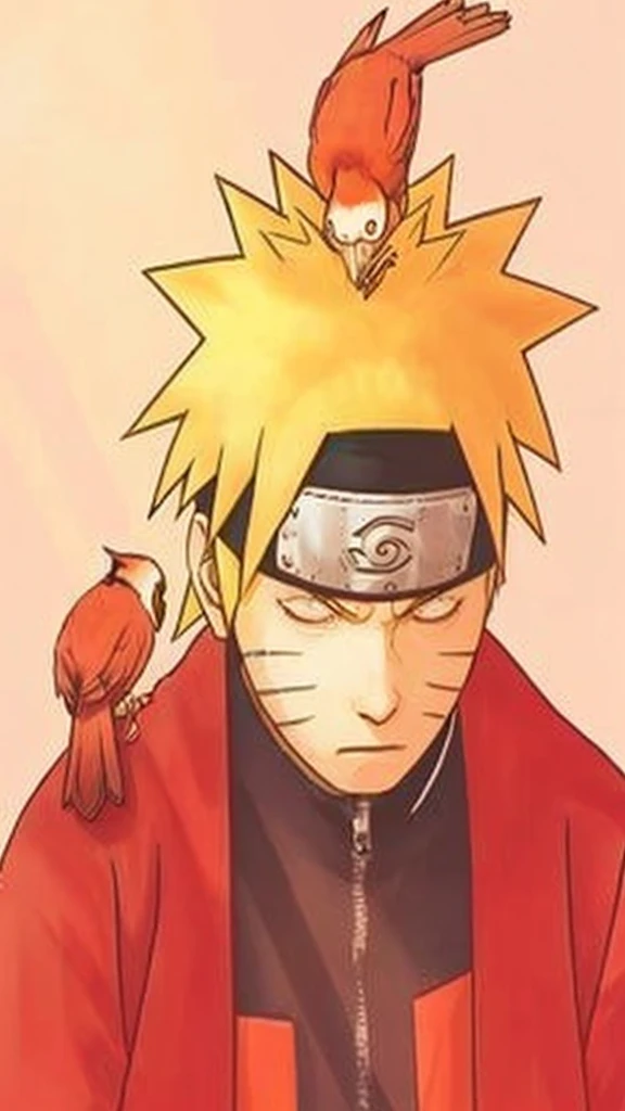 Preserve the original image, background perspective and color palette, respect the expression and the little birds perched on Naruto's shoulder, and expand the clothing and background so that the suggested scale is complete.
