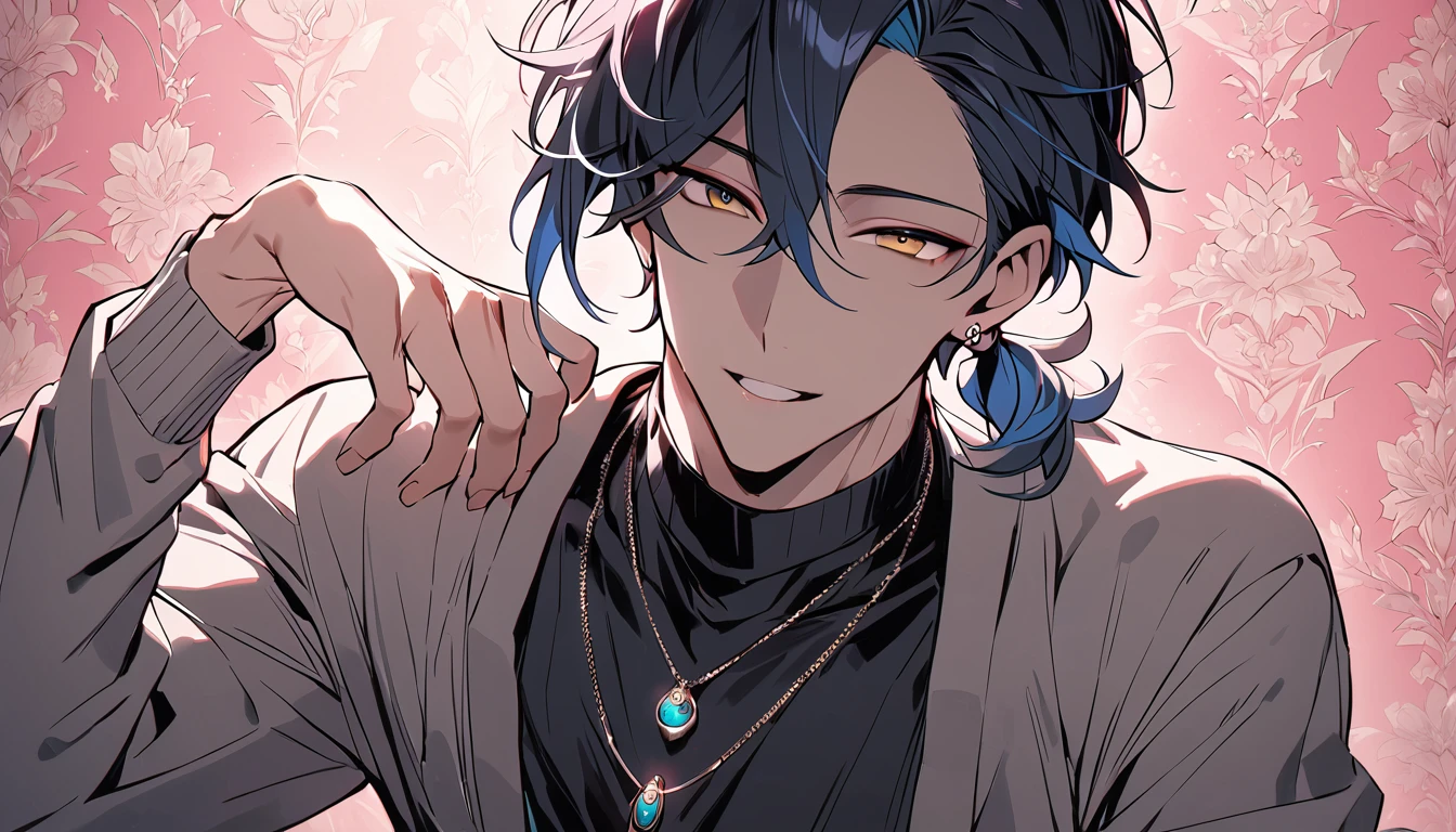 ((((best masterpiece, best quality, wallpaper,)))) solo, guy, male body, small muscles, flat chest, 1male, 30 years old, handsome man, dramatic angle, upper body, looking at viewers, beautiful detailed, seductive smile, mediumturquoise hair, ((((Lower short ponytail)))), asymmetrical bangs, ((short hair,)) ((( jitome, gold eyes, ^o^, tareme, droopy eyes,))) (((perfect face, extremely detailed eyes,))) perfect hands, sharp nose, clear face, black turtleneck, grey cardigan, ((silver piercing, pendant,)) leggings, pink background color ultrasharp, 8K, masterpiece,