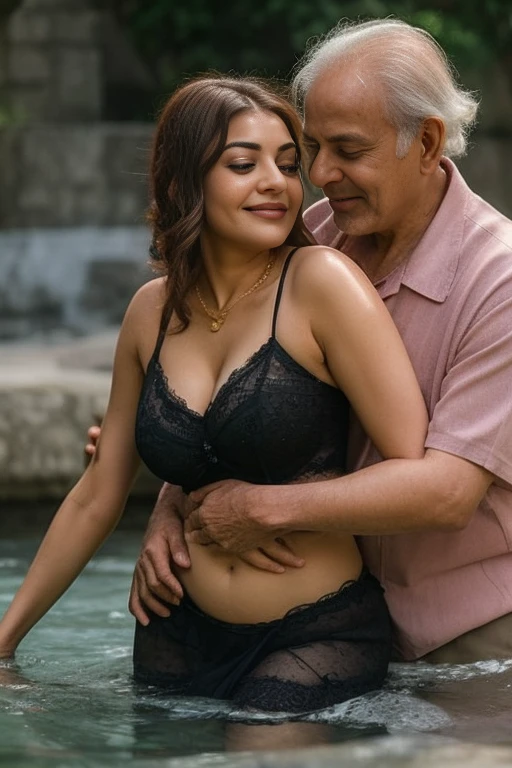 Day scene,kajal and Oldman, Indian black old man, couple pose, a Oldman and kajal in under the water fall, black lace bra and saree, detailed old man, old man gripping kajal waist,big cheeks, curvy, Hollywood lips, wet navel, deep cleavage, necklace, erotic face, 36 yo, ponytail, look at viewer and smile, (cinematic:1.3), intricate details, (ArtStation:1.2),Oldman and beautiful girl posing to viewers, detailed Oldman, old man waist gripping,