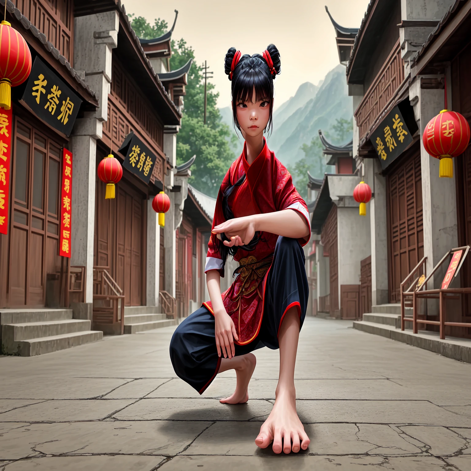 there is a young girl kneeling on the ground in a chinese village, powerful stance, chinese girl, fighting stance, portrait shot, martial art pose, in a fighting pose, in a fighting stance, chinese artist, powerful pose, young asian girl, kung fu, ???, kung-fu, chinese style, barefoot