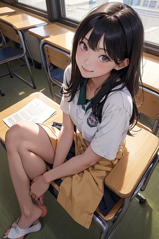Highest quality、masterpiece、High sensitivity、High resolution、Detailed Description、One person、Slender women、Slim Body、Sit facing each other、smile、From an angle from your feet、School classroom、