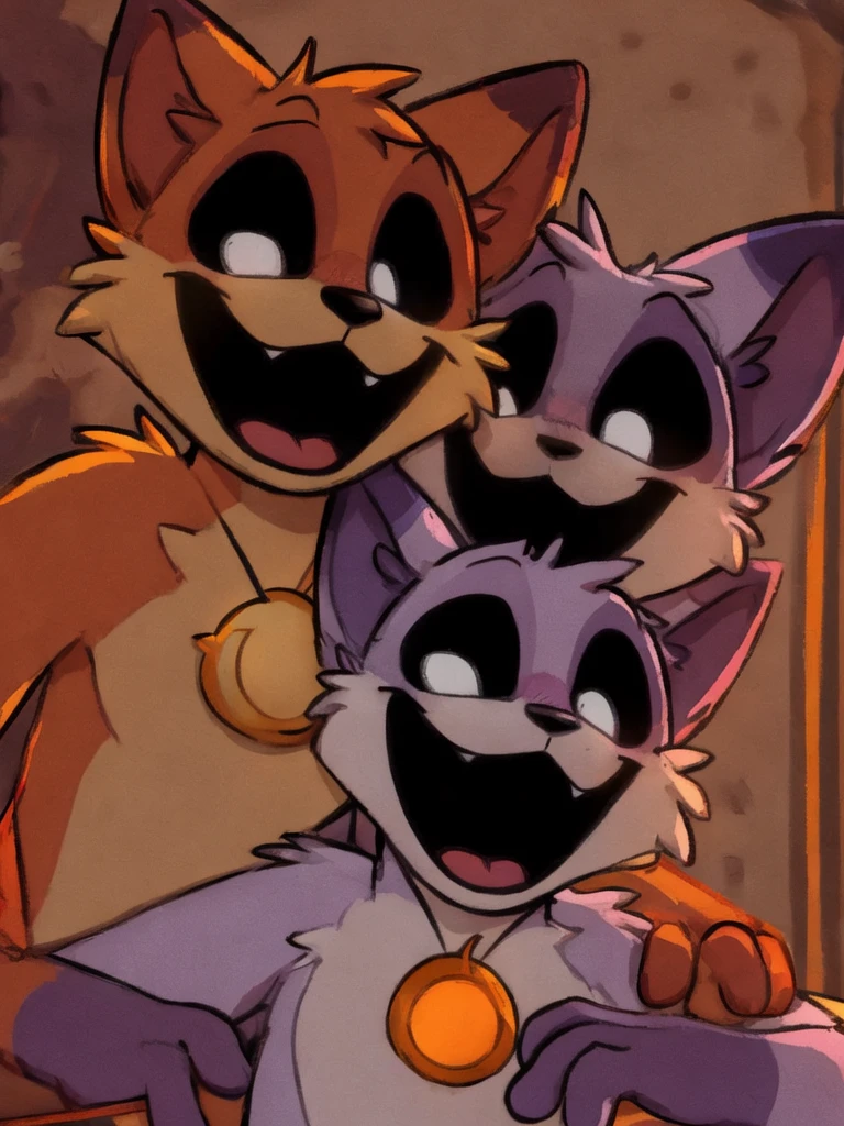 purple fur, smile, opened mouth, black eyes with White pupils, black eyes, black mouth, (yellow crescent-shaped necklace), long cat tail, Catnap, BREAK necklace with sun-shaped pendant, black mouth, black eyes, black eyes with white pupils, smile, Orange fur, Golden fur, Gold fur BREAK duo, DUO, (duo) gay sex