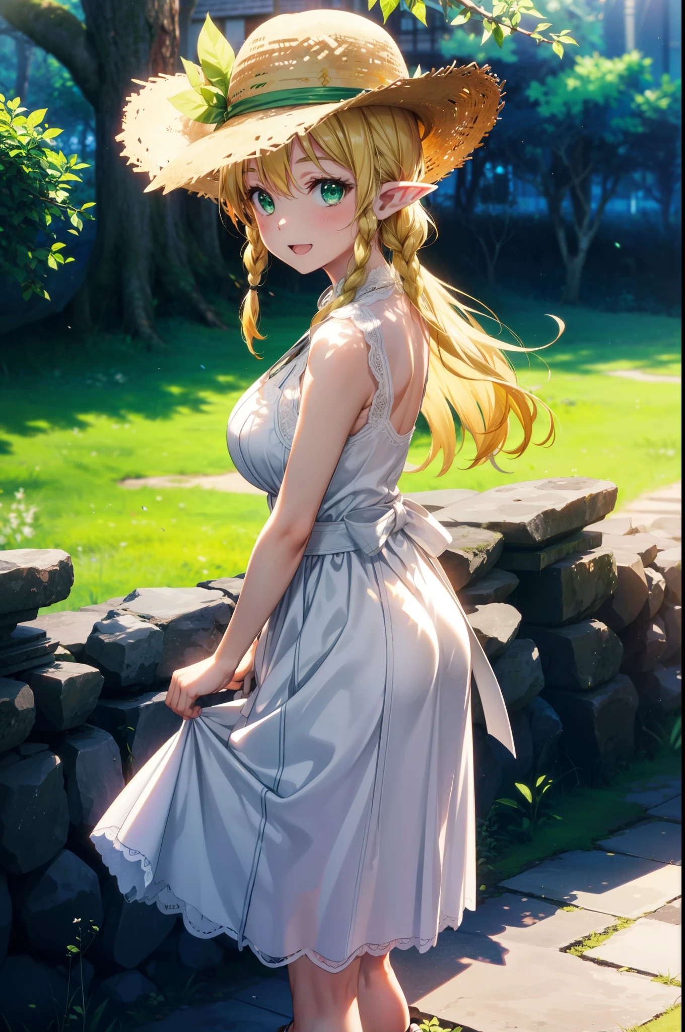 Suguhakirigaya, Suguhakirigaya, Long Hair,Blonde,Green Eyes,Pointy Ears,Short braids,,happy smile, smile, Open your mouth,Big Breasts,White straw hat,White sleeveless dress, bare arms,Green long skirt,Cute Sandals,Are standing,Clear skies,whole bodyがイラストに入るように,
break outdoors, nature, forest,
break looking at viewer, whole body,
break (masterpiece:1.2), Highest quality, High resolution, unity 8k wallpaper, (shape:0.8), (Beautiful attention to detail:1.6), Highly detailed face, Perfect lighting, Extremely detailed CG, (Perfect hands, Perfect Anatomy),
