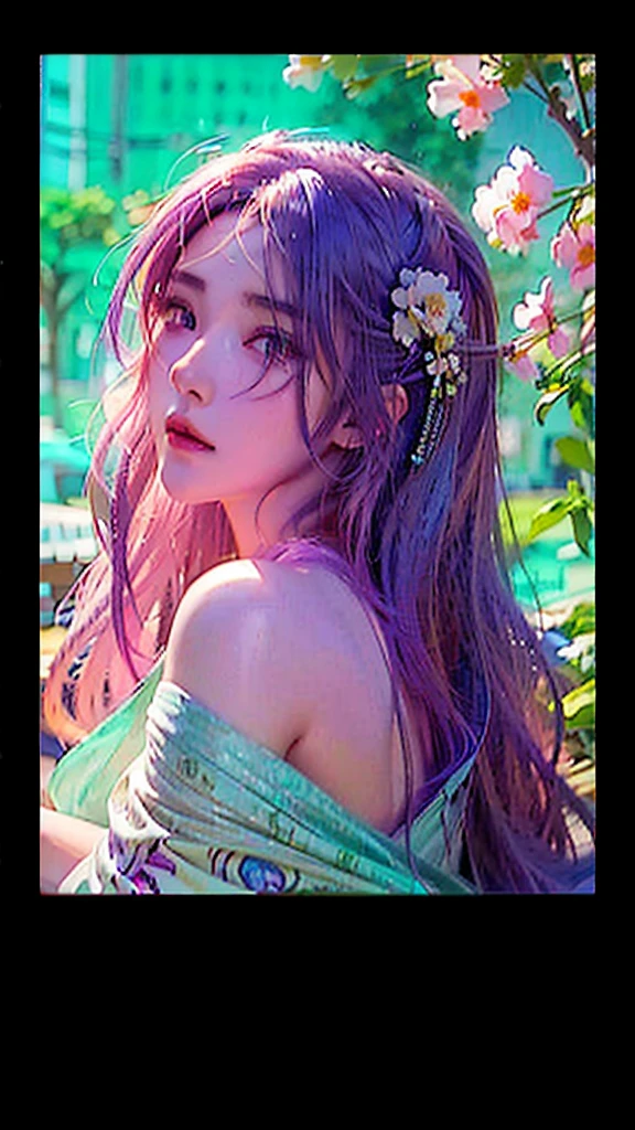 a close up of a woman with long purple hair and flowers in her hair, artwork in the style of guweiz, anime style. 8k, beautiful anime style, guweiz, beautiful anime portrait, anime style 4 k, loish and wlop, beautiful anime art style, inspired by Yanjun Cheng, wlop style, anime realism style