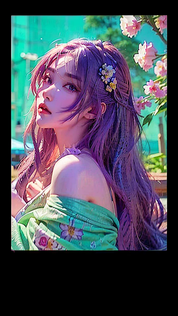 a close up of a woman with long purple hair and flowers in her hair, artwork in the style of guweiz, anime style. 8k, beautiful anime style, guweiz, beautiful anime portrait, anime style 4 k, loish and wlop, beautiful anime art style, inspired by Yanjun Cheng, wlop style, anime realism style