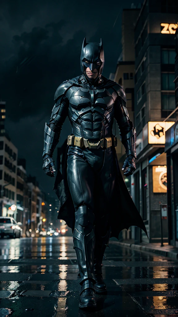 Cybernetic Batman, with a tecnology armor, walking by the street in the night, while it's raining