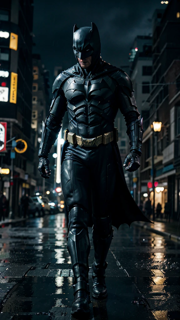Cybernetic Batman, with a tecnology armor, walking by the street in the night, while it's raining