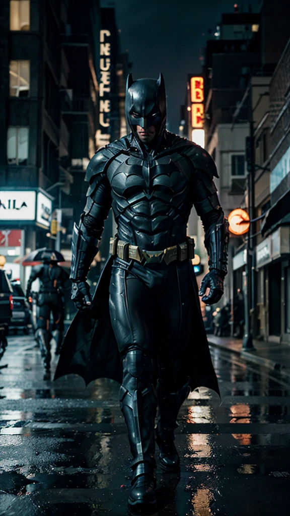 Cybernetic Batman, with a tecnology armor, walking by the street in the night, while it's raining