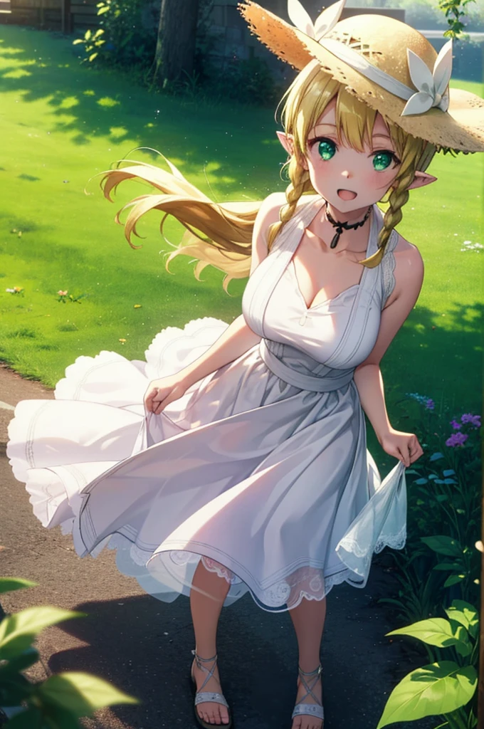 Suguhakirigaya, Suguhakirigaya, Long Hair,Blonde,Green Eyes,Pointy Ears,Short braids,,happy smile, smile, Open your mouth,Big Breasts,White straw hat,White sleeveless dress, bare arms,Green long skirt,Cute Sandals,Are standing,Clear skies,whole bodyがイラストに入るように,
break outdoors, nature, forest, 
break looking at viewer, whole body,
break (masterpiece:1.2), Highest quality, High resolution, unity 8k wallpaper, (shape:0.8), (Beautiful attention to detail:1.6), Highly detailed face, Perfect lighting, Extremely detailed CG, (Perfect hands, Perfect Anatomy),