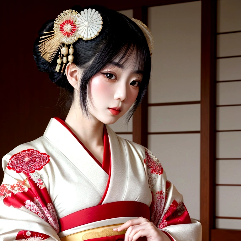 A gorgeously decorated maiko,She is a very elegant and beautiful 25-year-old woman..,Her Japanese hairstyle is beautifully decorated,Red and white traditional kimono