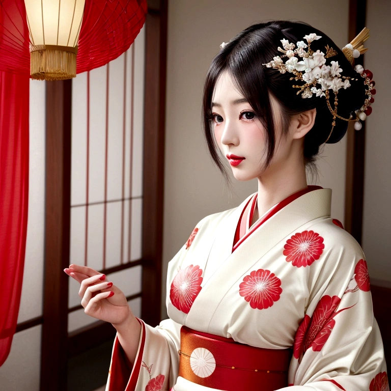 A gorgeously decorated maiko,She is a very elegant and beautiful 25-year-old woman..,Her Japanese hairstyle is beautifully decorated,Red and white traditional kimono