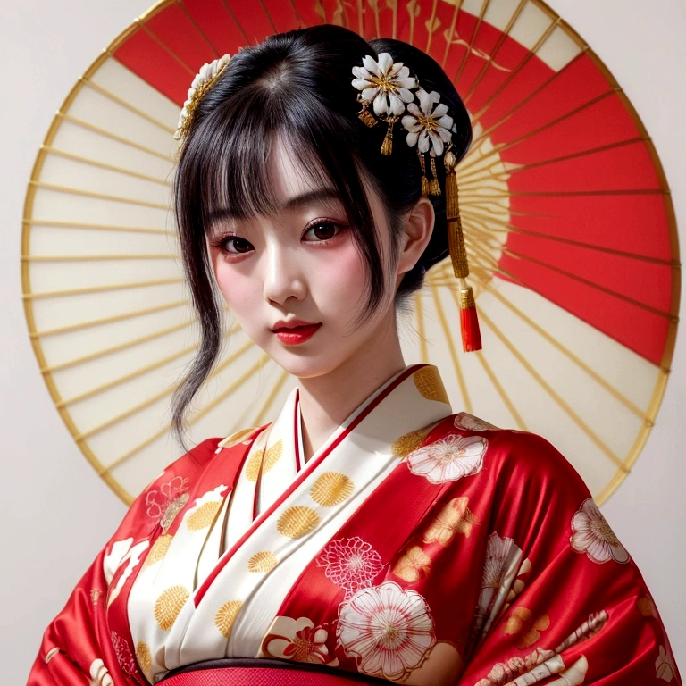 A gorgeously decorated maiko,She is a very elegant and beautiful 25-year-old woman..,Her Japanese hairstyle is beautifully decorated,Red and white traditional kimono