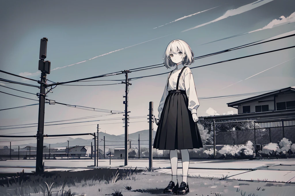 solo, 1girl, Spot colors, Monochrome, Looking at the viewer ,Outdoor, Grass, null, landscape, cloud, solo, Sitting, Power lines, wood, Day没, Electric pole, skirt, shoes, 曇りnull, Long sleeve, 青null, fence, Wide Shot, Day, Silver-white hair, building