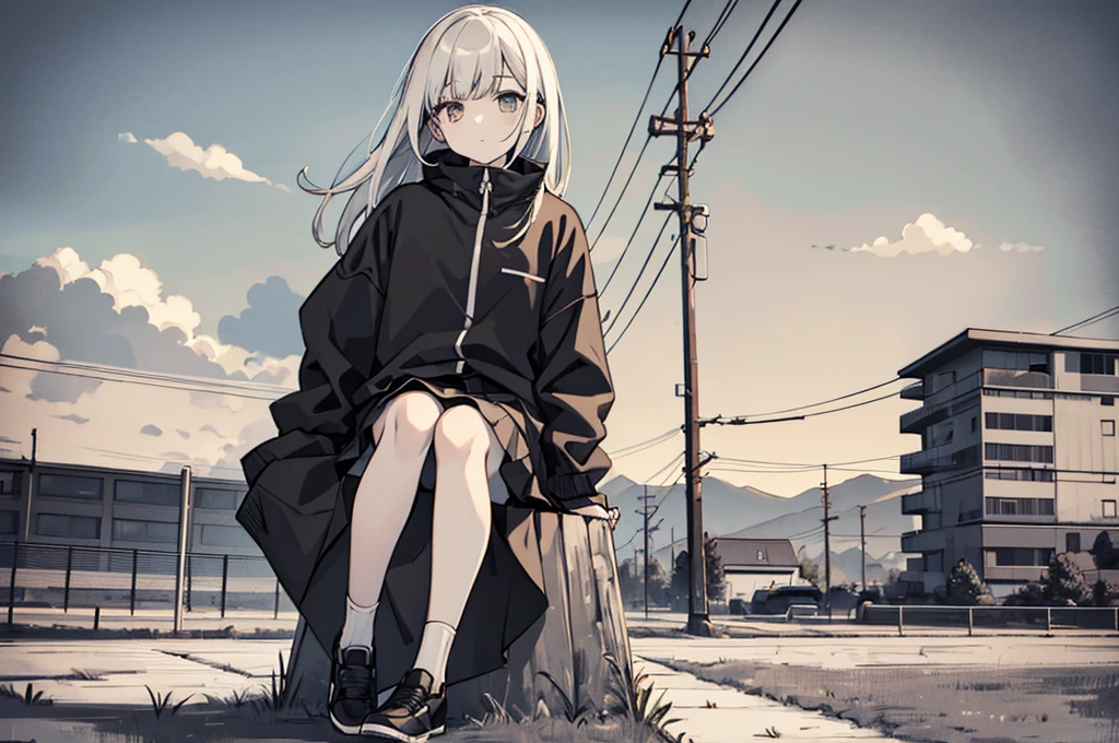 solo, 1girl, Spot colors, Monochrome, Looking at the viewer ,Outdoor, Grass, null, landscape, cloud, solo, Sitting, Power lines, wood, Day没, Electric pole, skirt, shoes, 曇りnull, Long sleeve, 青null, fence, Wide Shot, Day, Silver-white hair, building